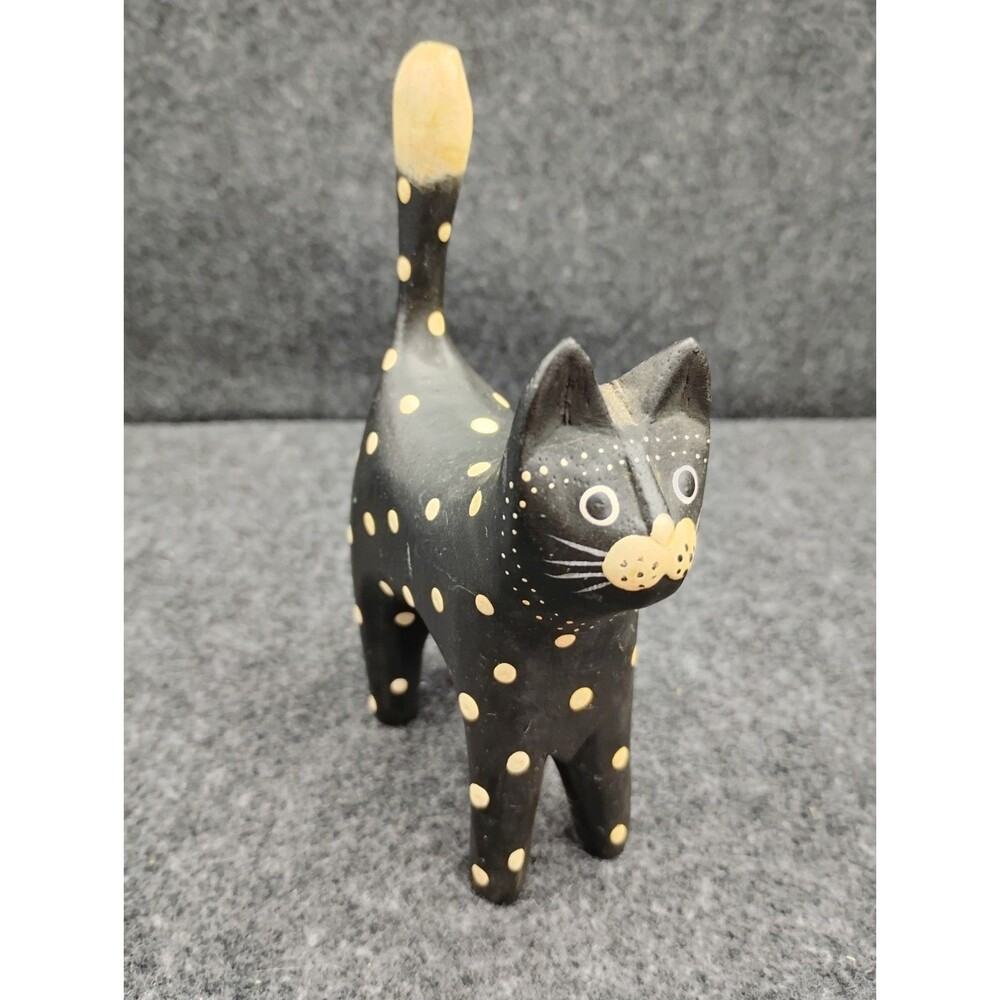 Vintage Black with Polka Dot Painted Paper Mache Kitty Cat Figurine 5x3"